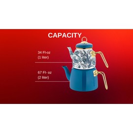 Turkish Teapot Tea Pots Kettle Set for Stovetop Stove Top 2-Piece Enamel Teapot Set – Decorative Botanical Design – Golden Handles – Suitable for Herbal Teas (blue white gold)