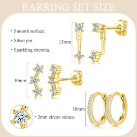 Sterling Silver 14K Gold Stud Hoop Earrings Set for Women Girls, 3 Pairs Hypoallergenic Small Cubic Zirconia Stud Hoop Earrings Stacks Cartilage Minimalist Earring Set for Multiple Piercing