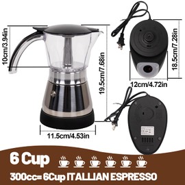 DITOSH Electric Moka Pot 6 Cup 300ml Plastic Transparent Stovetop Espresso Maker Portable Stainless Steel Mocha Pot Percolator Italian Coffee Makers Greca Machine Cafe Classic for Home Camping