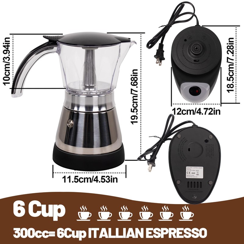 DITOSH Electric Moka Pot 6 Cup 300ml Plastic Transparent Stovetop