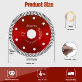Uouteo 15 Pcs Diamond Saw Blade, 4.5 Inch Super Thin Tile Blade, Diamond Saw Blades for Angle Grinder, 4.5" Tile Blade for Smooth Cutting Marble Ceramics Porcelain Tiles(4.5 inch-15Pcs-Red)