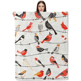 CUEBOS Cute Cartoon Bird Flannel Throw Blanket 50x60 Inch, Colorful Geometric Songbird on Wire Blankets Soft Cozy Fleece Throws for Nature Lover Bed Sofa Dorm Living Room Modern Decor Gifts
