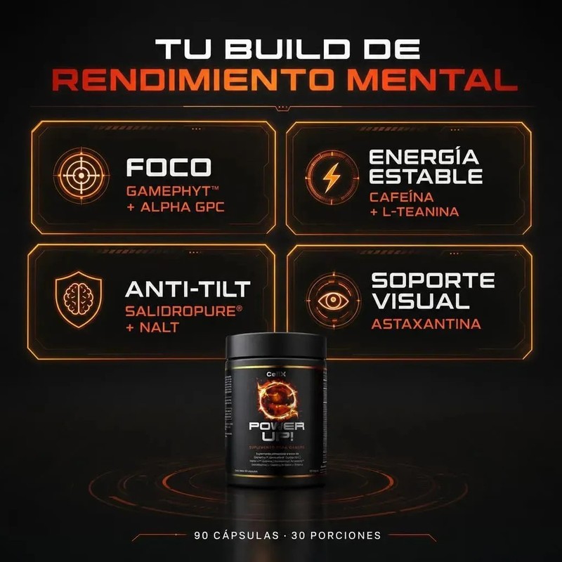 CellX Power Up Nootrópico Gamer Alfa-GPC GeniusPure Dynamine Macu-LZ L-Teanina