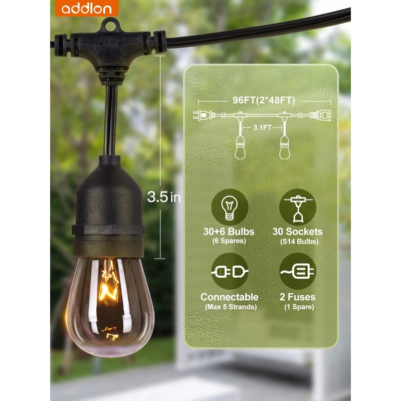 addlon 96FT(48FT*2) Outdoor String Lights Commercial Grade Weatherproof Stran...