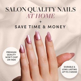 Glamnetic Press On Nails - Mertini | Short Almond Pink Cat Eye Fake Nails with Raised Gold Foil Accents, Salon Quality Summer Nails | 15 Sizes - 30 Nail Kit with Glue