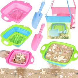 EULRGAUS Beach Toys, 6 PCS Sand Sifter for The Beach, Sand Toys with 2 Collapsible Sand Sifters Sieve, 2 Beach Shovels, 2 Mesh Beach Bags, Shark Tooth Sifter & Shell Collecting for kids Boys and Girls