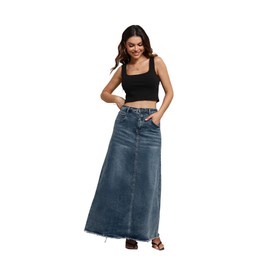 CHARTOU Women Vintage Denim Maxi Skirt Frayed Raw Hem High Waist A-Line Long Jean Skirt (X-Large, Blue)