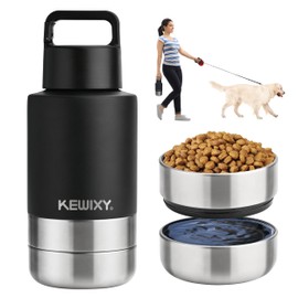 KEWIXY Insulated Dog Travel Water Bottle with Detachable Bowls, 3 in 1 Portable Dog Water Bottle Dispenser, Dog Accessories for Walking, Hiking, Camping, Outdoor (Black, 32 Oz)