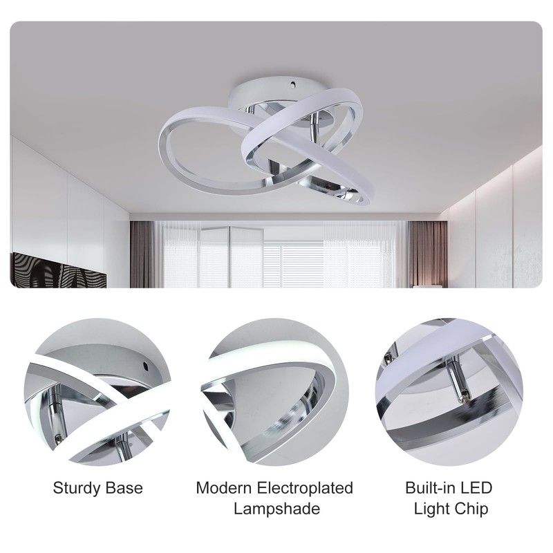 GEADI Modern LED Ceiling Light Fixtures, 20W Chrome Chandelier Lighting,