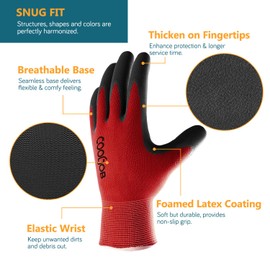 COOLJOB Gardening Gloves for Men, 2 Pairs Breathable Rubber Coated for Garden Weeding Landscaping, Outside Work for Lawn Yard, Men's Medium Size, Black & Red