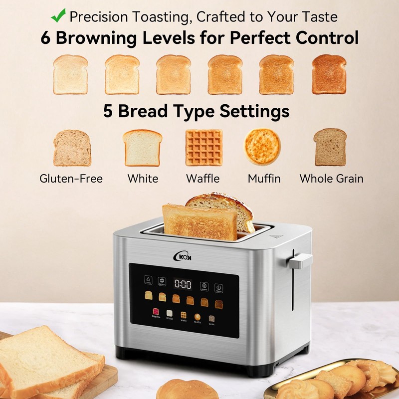 KOK 2 Slice Touch Screen Toaster, Stainless Steel Smart Toaster