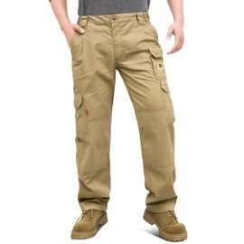 KONRECO FR Pants for Men Cargo Pockets Flame Resistant 7.5oz 100% Cotton Elastic Waist Work Pants Khaki
