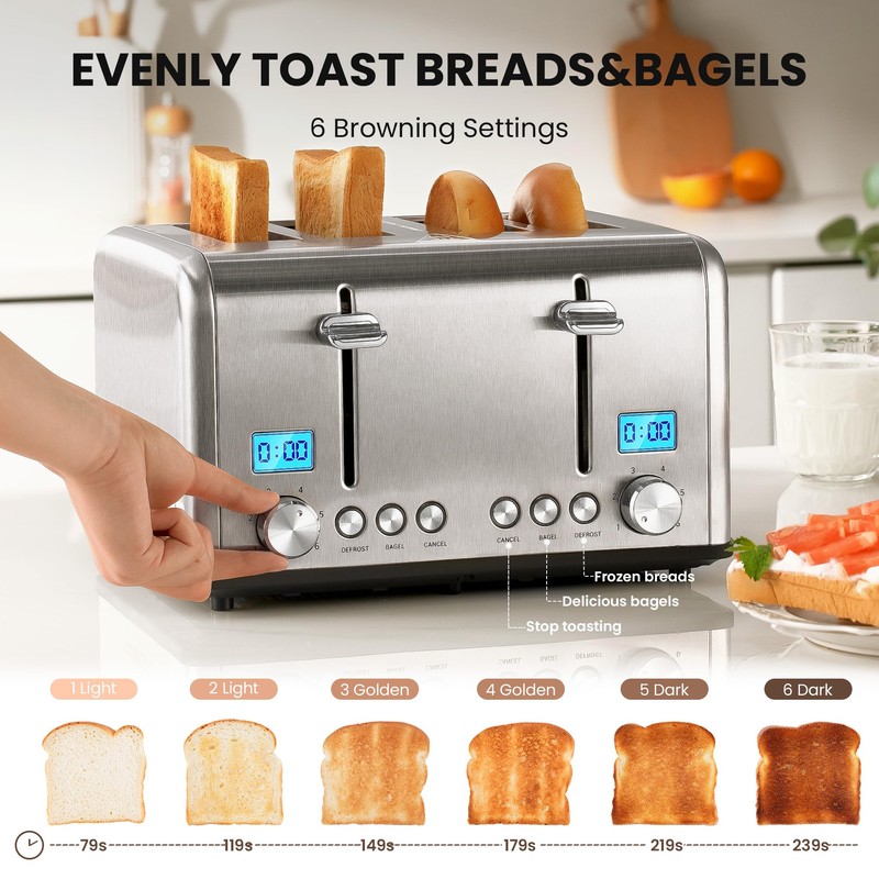 Roter Mond Countdown Stainless Steel 4 Slice Toaster with Bagel,