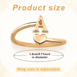 Mikovivi Heart Initial Stackable Rings, Adjustable Pinky Rings Cute Capital Letter Rings Heart Rings Non Tarnish Gold Rings Alphabet Gold Pinky Rings Jewerly Gift for Women (A)