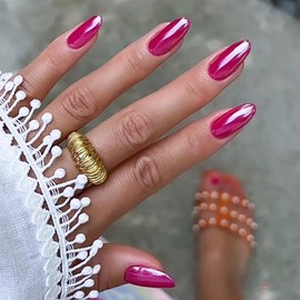 Chrome Hot Pink False Nails Medium, SXVME Chrome Pink Press On Nails Almond, Glazed Gel Fake Nails Press on, Cute Glitter Acrylic Nails Medium Round, Stick on Nails for Women Nail Art