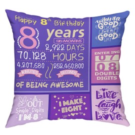 Snycler 8th Birthday Pillow Covers Gifts for Girl Happy Birthday Decorations for 8 Year Old Girl Birthday Gift Ideas Throw Pillow Covers 18 x 18 inch