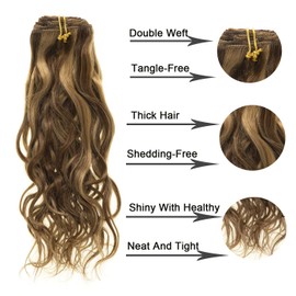 Anrosa Natural Wave Curly 16inch Highlight Blonde Color P#4/27 Balayage #4 Dark Brown Color Mixed with #27 Color Clip in Human Hair Extensions 120gram Double Weft 7Pcs Per Pack