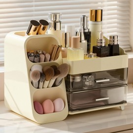 Delamu Organizador Maquillaje 3 Niveles cSoporte Brochas, Beige  Solución de Almacenaje para Tocador y Baño, Ideal para Skincare, Labiales y Belleza  