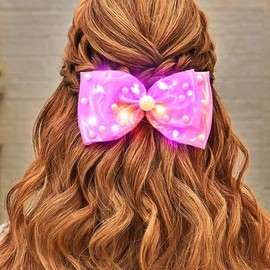 HEREAD Pearl Hair Bow Light Up Bow Knot Hair Clip Barrette Wedding Party LED Hair Accessories for Women (Rose Red)