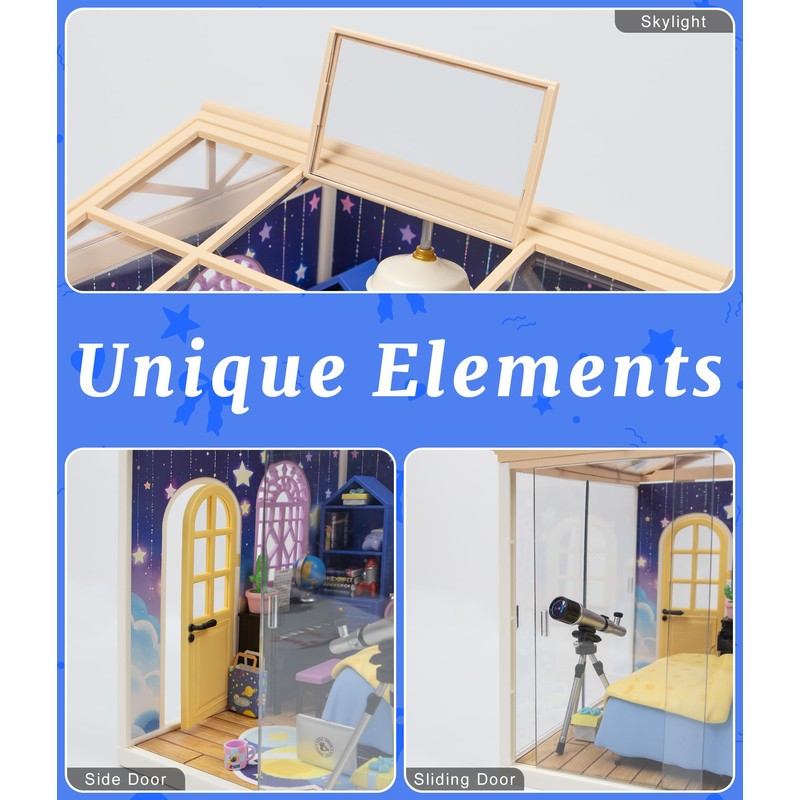 BeepZipp Starry Night Bedroom Miniature House Kit, DIY Space-Themed Dollhouse