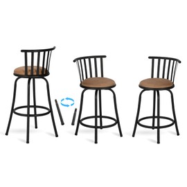 Homy Casa Bar Stools Set of 3, 24''Swivel Industrial Barstools with Metal Back and Footrest, Country Style Counter Bar Chairs with Fabric Seat for Dining Kitchen Bar, Brown