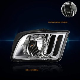 Pair of Headlight Assembly Compatible with 05-09 Ford Mustang | Headlamps with Chrome Housing Clear Corner
