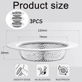 Stainless Steel Kitchen Sink Strainer, 3Pcs Kitchen Sink Strainer Stainless Steel Sink Drain Strainer,Kitchen Sink Strainer Stainless Steel Drain Filter Strainer,Stainless Steel Sink Drain Strainer