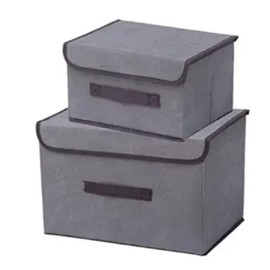 NA 2 Pack Foldable Fabric Storage Boxes with Lids (2 Sizes), Grey Foldable Storage Baskets with Handles for Toys, Books, Bedroom, Closet, Office, Living Room