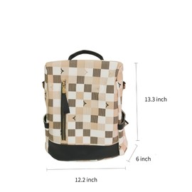 quarerauq Plaid PU Leather Back Zipper Anti-Theft Backpack, Water-Resistant Fashion Purse for Women (Khaki)