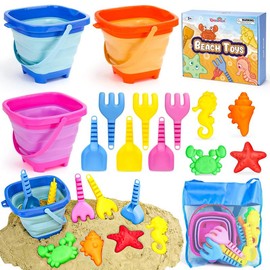 Dreamon Beach Toys Set for Kids 3-10, Collapsible Sand Buckets with Beach Molds & Mesh Bag, 3 Pack Sand Toys for Beach, Sandbox Travel Toys:_Purple color(14pcs)