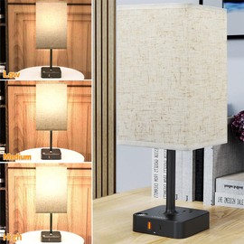 COZOO Bedside Table Desk Lamp with 2 USB Charging Ports and 2 Outlets,Charger Base with White Fabric Shade,LED Table Lamp for Bedroom/Nightstand/End Table/Living Room (Flaxen)