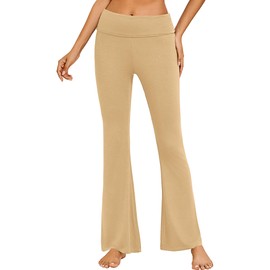 Ekouaer Fold Over Yoga Pants for Women Flare Leggings Comfy Pajama Pants Lounge Bell Bottom Pants Light Tan L