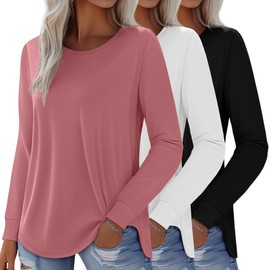 Huukeay 3 Pack Womens Long Sleeve Shirts Crewneck Loose Fit Cotton Tops Casual Curved Hem Tees Basic Fall Shirts(Black, White, Pink,Large)