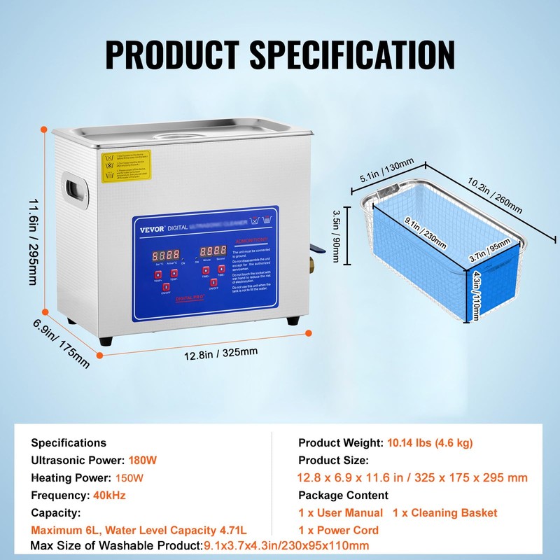 VEVOR Commercial Ultrasonic Cleaner 6L Professional Ultrasonic Cleaner 40kHz with