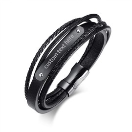 JewelryWe Men's Leather Bracelet with Engraving, Stainless Steel, Leather, Polished, Braided, Multi-Row Bracelet, Black/Gold, Customisable, Stainless Steel