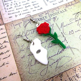 Phantom of the Opera Mask and Rose Mismatch Earrings with Nickel Free Hooks, Theater Musical Stage Jewelry