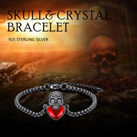 PARYFO Skull Bracelet 925 Sterling Silver Skull Bracelet with Red/Blue/Black Crystal Gothic Skull Punk Jewellery Gifts for Women Men Girls Boys, Sterling Silver, Crystal