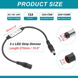 MECCANIXITY LED Strip Dimmer, 12V to 24V 12A Mini Brightness Adjustable Controller Lamp Switch with DC Plugs for Single Color Strips, Black Pack of 2