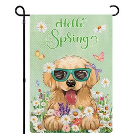 YOVOYOA Golden Retriever Hello Spring Garden Flags for Outside, Spring Butterfly Flower Dog Garden Flag 12x18 Double Sided, Burlap Dog Holiday Welcome Spring Yard Flag for Patio Porch Farmhouse Decor