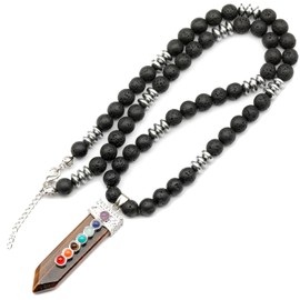 ElisaJewelryArt - Natural Tiger Eye Chakra Pendant Black Lava Stone Beaded Necklace Genuine Gemstone Anxiety Stone Clasp Closure Necklace Unisex Necklace (22, Tiger Eye)