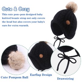 JANGANNSA Winter Baby Boys Hat Velvet Lining Toddler Kids Beanie Earflap Warm Baby Hat for Girls with Pompom (Black, L)