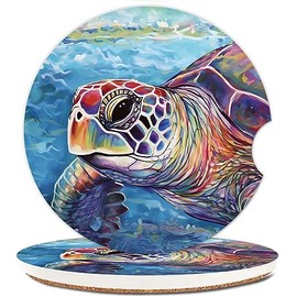 Ceramic Cup Holders Car Coasters for Women/Men,Oil Painting Animals Absorbent Drink Cup Car Holder Coasters with A Finger Notch 2.56" Pack of 2,Colorful Turtle