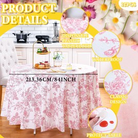 Ganeen 12 Pcs Pink Floral Plastic Tablecloth Floral Round Tablecloths Vintage Flower Tablecloth Disposable Round Floral Waterproof Table Covers for Birthday Wedding Baby Shower Decoration Party Favor