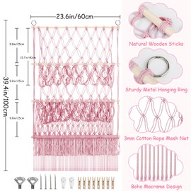 3 Tier Hanging Stuffed Animal Storage Shelf, 24x39 Inch Large Stuffed Animal Organizer Display for Mini Medium Stuffy Teddy, Pink Boho Macrame Stuffy Storage w/LED Light & Clips for Kids Girls Boys