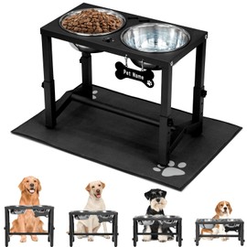 Elevated Dog Bowls, 4 Height Adjustable Metal Raised Bowl Stand with 2 Thick Stainless Steel Food Bowls & Spill-Proof Mat, Adjusts to 13.6'', 12.2'', 10.9'', 9.5'' for Large/Medium Breeds. Black