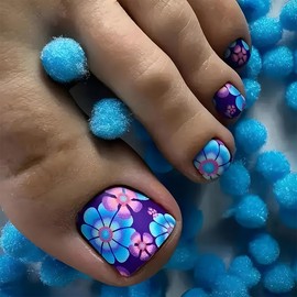 Toe Press On Nails Flower Fake Toenails Blue Purple Toenails Press Ons Short Square Shape Colorful Flower Toe Nails Press On Matte Full Cover Artificial Acrylic Reusable Press On Toenails For Women