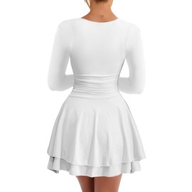 Kaximil Women's Square Neck Ruffle Hem Mini Dress Ruched Waist Long Sleeve Corset Short Party Dresses, Medium, White