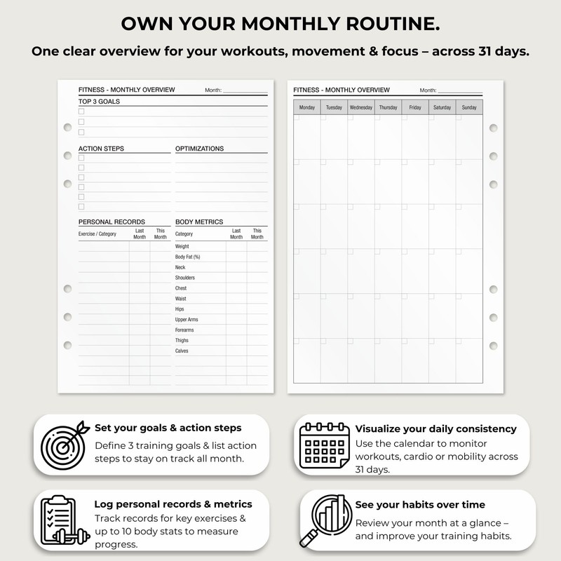 KOMPASS Fitness Planner, A5 Workout & Progress Tracking Inserts, 25