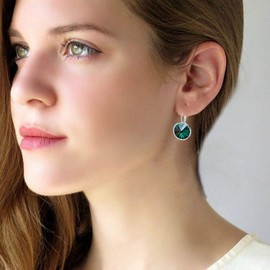 Austrian Crystals Round Drop Leverback Earrings for Women 14K Gold Plated Hypoallergenic Hoop Earrings (Green)