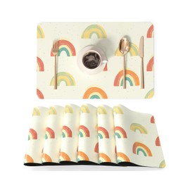 QIYI Faux Leather Place Mats Set of 6 - Nordic Hand-Painted PU Placemats 45 x 30 cm, Waterproof, Oil & Heat Resistant, Non-Slip, for Kitchen, Dining Table, Indoor & Outdoor, Playful Rainbow